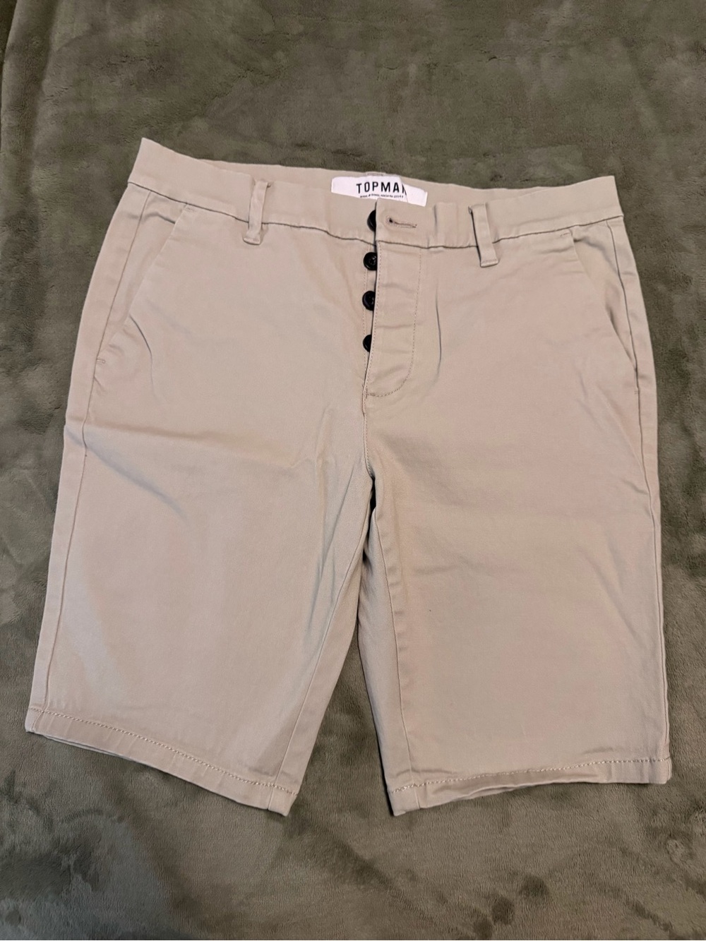 Topman Beige Flat-Front Button Fly Stretch Shorts 32